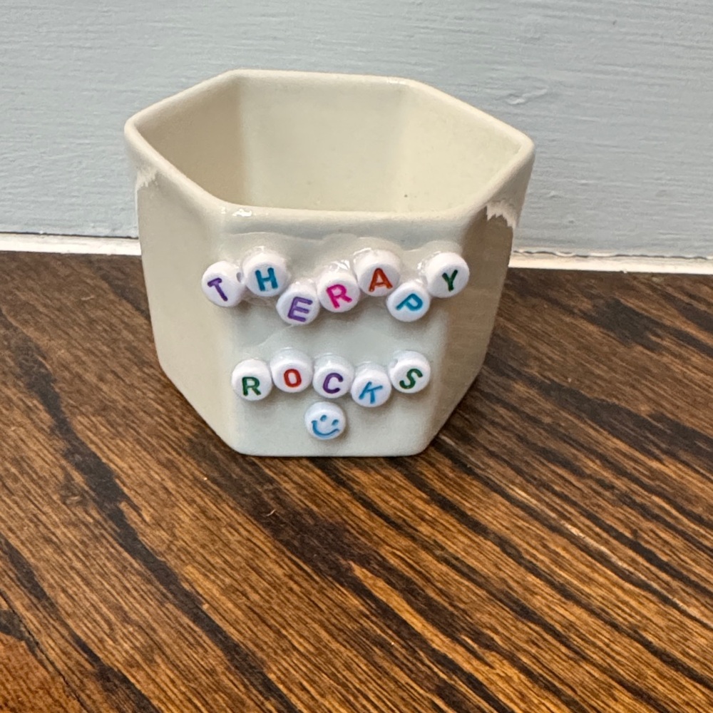 Hexagonal White Pot with Colorful Letter Beads